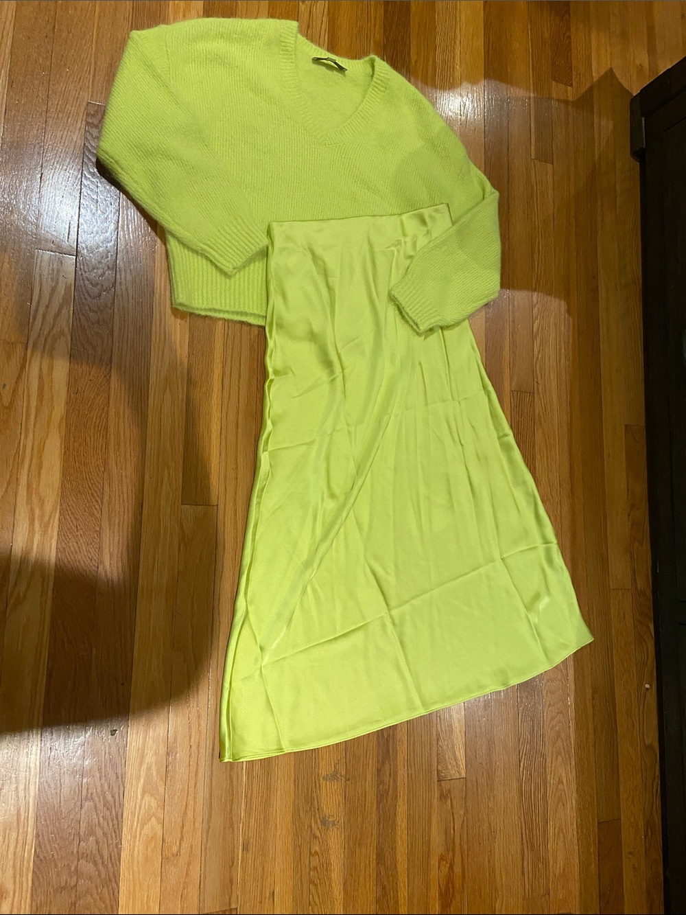 LOFT Neon Lime V‑Neck Sweater and Slip Skirt Set